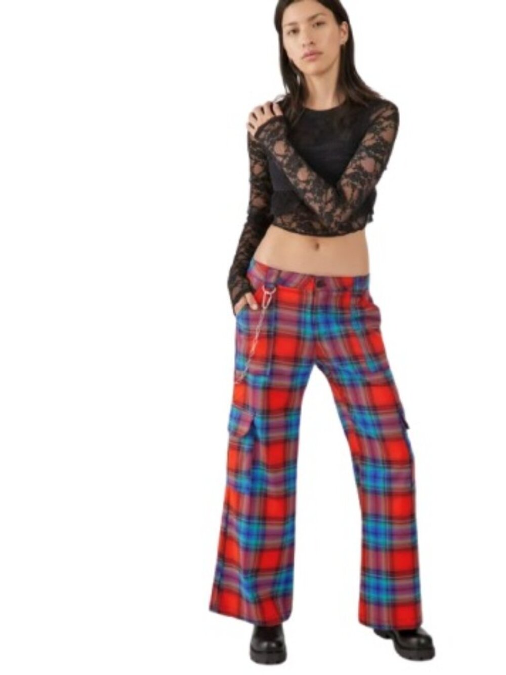 Urban Outfitters Womens Avril Wide Leg Cargo Trousers Red Blue Tartan Plaid 4